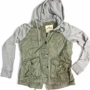 Y2K Hollister Olive‎ Green Utility Hoodie Jacket Gray Sweatshirt thumbnail 1