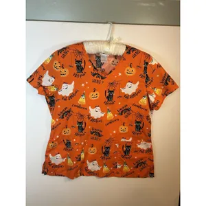 Scrubstar Womens L Halloween Print V-Neck Short Sleeve Scrub Top Cotton Orange thumbnail 16