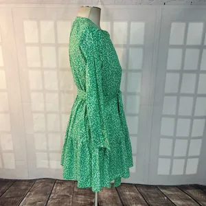 J crew long sleeve tie waist green floral cotton shirtdress size XS thumbnail 6