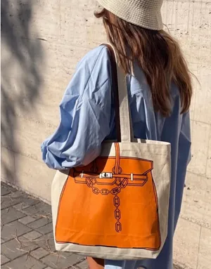Canvas Tote Bag – Drawing Print Shopper, Large Everyday Shoulder Bag Orange thumbnail 2