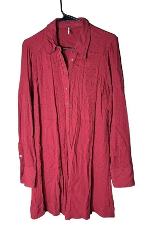 Free People Red Polka Dot Button‎ Dow Shirt Dress Size L thumbnail 1