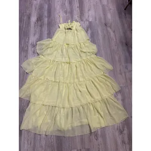 Lucy In The Sky Yellow Tiered Chiffon Maxi Dress Tie Front Cutout Back Small NEW thumbnail 4