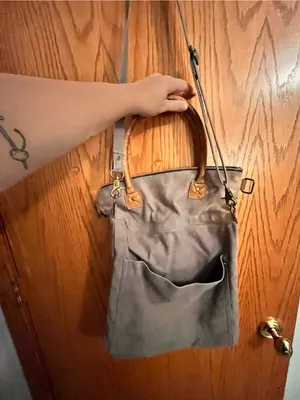 Mona B Gray Canvas Shoulder Bag with Brown Leather Handles thumbnail 3