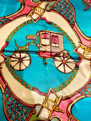 VTG Royal Regal Carriage Print turquoise/PINK oversized square Silky Scarf 35/35 thumbnail 2