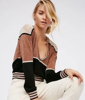 Free People‎ Sweater - Sz Medium - Deep V-Neck - Color Block - Gold Dust thumbnail 1