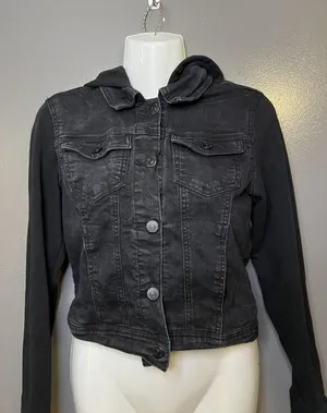 WallFlower Jacket Womens Small Black Denim Hooded Knit Sleeves Button Cropped thumbnail 1