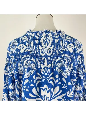 NWOT John Mark Linen Blend Floral Smocked Sleeves Top Blouse Shirt Blue Size M thumbnail 7