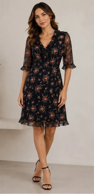 Donna Ricco Floral‎ Midi Dress Size 10P Feminine Ruffle Dainty Modest Sheer thumbnail 1