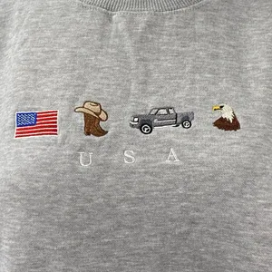 Women's Gray Embroidered USA Flag Cowboy Eagle Long Sleeve Sweatshirt Top Size M thumbnail 2