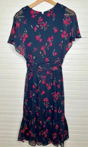 Calvin Klein Women's Floral V-Neck Dress Blue Size 2 Tie Waist Short Sleeve thumbnail 3