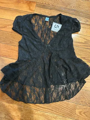 NWT Black Lace see through Cap Sleeve Babydoll high low Top size M thumbnail 17