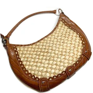 Brown Faux Leather & Woven Straw Silver Accents Purse Bag thumbnail 8