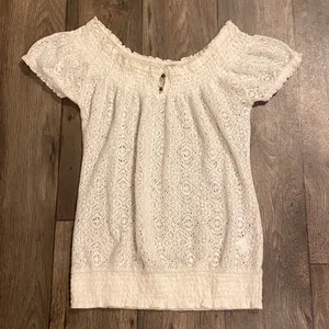 Lucky Brand White Crochet Boho Tunic Top Semi Sheer Short Sleeve Small thumbnail 2