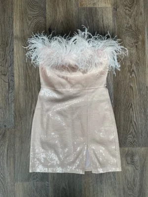 Amanda Uprichard Feather Trim Sequin Strapless Mini Dress Blush Sz S NWT thumbnail 2