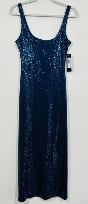 Bebe Women's Size Small Navy Blue Sequin Scoop Neck Maxi Dress Side Slit Party thumbnail 1