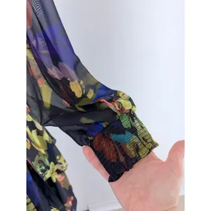 Alex Marie Floral Chiffon Smocked Mock Neck Sheer Sleeve Dress Navy 8 thumbnail 9