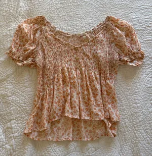 Orange Peasant Blouse Floral Puff Sleeve Top thumbnail 1