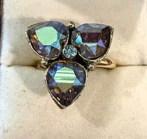 Adjustable Gold-Tone Ring with Iridescent Purple-Blue Teardrop Stones thumbnail 1