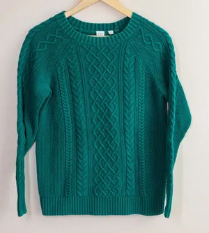 GAP Cable Knit Fisherman Crewneck Sweater Jewel Green‎ Raglan Women's M Cotton thumbnail 1