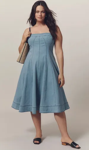 Anthropologie denim midi dress Marin Square Neck Pilcro fit & flare light wash thumbnail 1