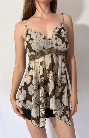 Brown Floral Babydoll Silky Ruffle Y2K Fairy Top thumbnail 1