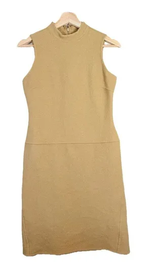 Kenar Neutral Tan Wool Blend Dress‎ Minimalist Crêpe/Tan Sleeveless Midi Career thumbnail 1
