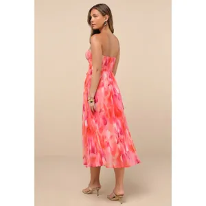 NWT Lulus Aysel Coral Pink Abstract Strapless Bustier Midi Dress Cruise Vacay XS thumbnail 3