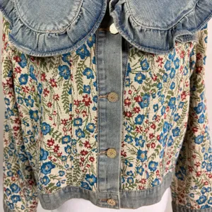 Floral Tapestry Denim Jacket Oversized Ruffle Peter Pan Collar Woven Medium thumbnail 5