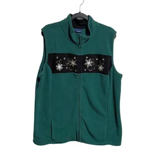 Basic‎ Editions Green Fleece Vest Snowflake Embroidery Zip Up Collar Winter XL thumbnail 3