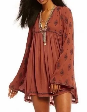 Free People Diamond Embroidered Mini Dress Boho Bell Sleeve Tunic Rust Small thumbnail 1