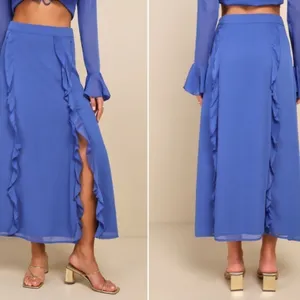 LULU's Boho Bohemian Flowy Romantic Ruffle Chiffon Blue Maxi Skirt NWT thumbnail 5