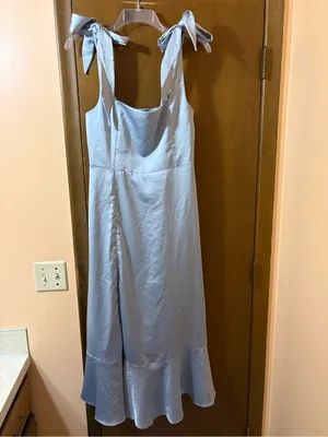 Show Me Your Mumu Claire Midi Dress in Steel Blue Luxe Satin thumbnail 3