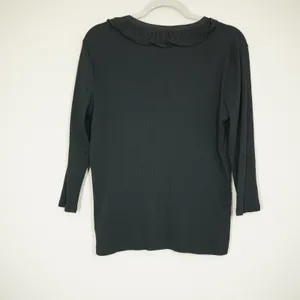 Lauren Ralph Lauren Size Large Black Ruffle V-Neck Ribbed Knit Top 3/4 Sleeve thumbnail 6