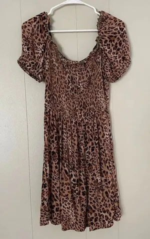 Express Leopard Print Dress Small Smocked Puff Sleeve Fit & Flare Brown Animal P thumbnail 1
