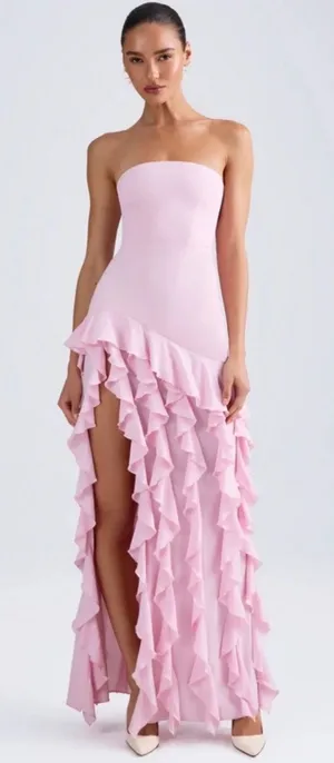 Oh Polly Diletta Ruffle Trim Strapless Gown Light Pink Maxi Dress size 2 New thumbnail 1