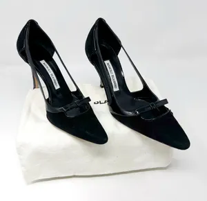 Manolo Blahnik Black Suede Patent D’Orsay Pumps Bow Detail Women’s EU 38.5 thumbnail 1