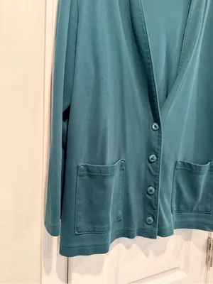 Lands End Size L Green 100% Cotton Button Front Cardigan Sweatshirt Pockets thumbnail 3