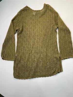 Liz Sport Linen Cotton BlendSheer Olive Green Open-Knit Long Sleeve Swim Coverup thumbnail 6