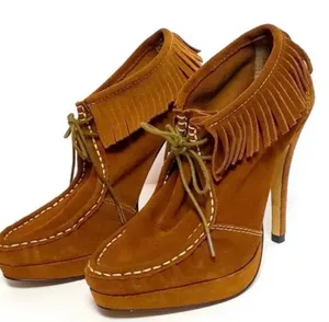 Charles by Charles David Brown Suede Fringe Heeled Booties Moccasins 8 Boho thumbnail 1