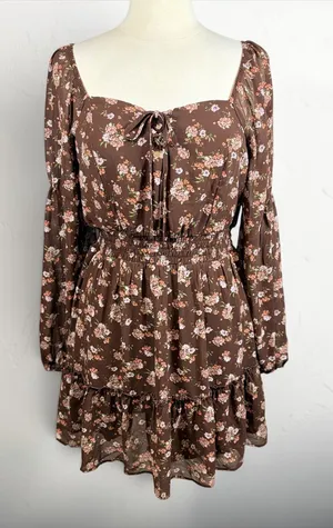 LIVE TO BE SPOILED Y2K Brown Chiffon Pink Floral Long-Sleeve Ruffled Mini Dress‎ thumbnail 1