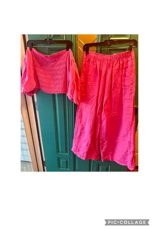 Young Fabulous & Broke Pink Linen Smocked Puff Sleeve Top Wide Leg Slit Pant Set Extra Small thumbnail 4