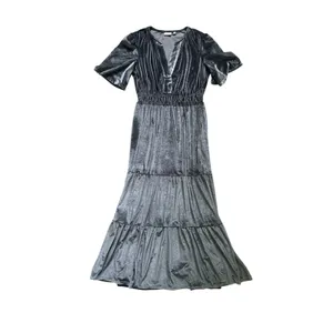 Spartina 449 Velvet Maxi Dress Medium Gray Tiered Short Sleeve V‎ Neck Boho thumbnail 3