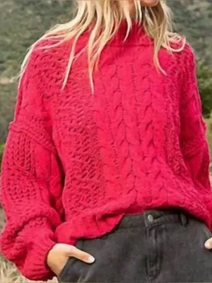 POL Chelsea mock neck cable knit chunky pink sweater size large bubble sleeves thumbnail 1