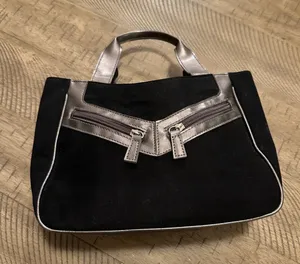 Vintage Y2K Black Suede Mini Tote‎ - Metallic Pewter Trim & Moto Zipper thumbnail 1