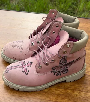 Timberland Pink 6 Inch Boots Girls US 6.5 Custom Art Leather Lace Up thumbnail 1