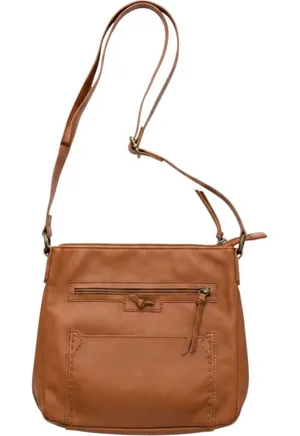 Cognac Brown Faux Leather Crossbody Bag with Whipstitch Detail and Multi Pockets thumbnail 1