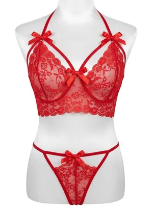 Flatter Me Lipstick Red Lace 2-Piece Crotchless Sexy Lingerie Set sz XXL NEW Tag thumbnail 1