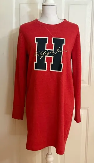 Tommy Hilfiger Sweatshirt Dress Large Center Logo Red Women's Medium thumbnail 1