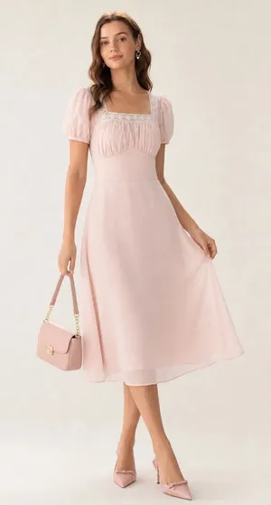 Rihoas Elegant Puff Sleeve Midi Dress in Light Pink thumbnail 1