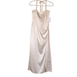 Reformation Solana Satin Dress Almond Beige Halter Midi‎ Cowl Neck 8 NEW Bridal thumbnail 5